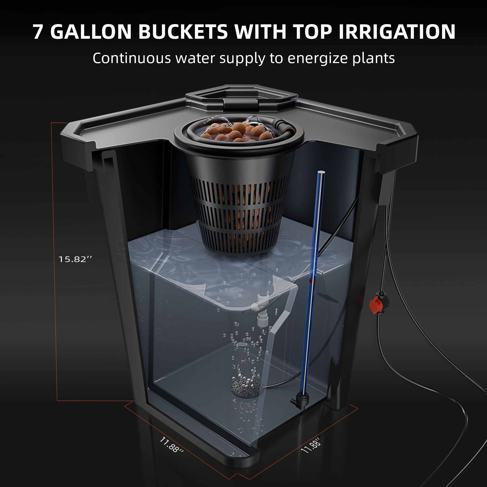 Spider Farmer DWC Hydroponik-System mit Top-Drip-Kit, 7-Gallonen-Tiefwasserkultur-System, 4-Eimer-Set und GGS AC10-Steckdosenleiste für intelligente Bewässerungssteuerung vor.