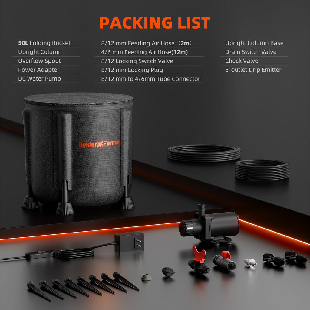 Spider Farmer Tropfbewässerungssystem für Pflanzen vor – inklusive Wasserpumpe, 8 Tropfemittern und GGS AC10 Steckdosenleiste für intelligente Bewässerungssteuerung.