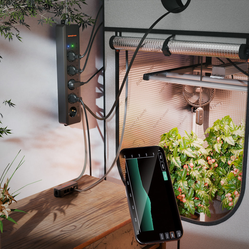 Aktualisierte neue Version | 2025 Spider Farmer GGS AC5 Mehrfachsteckdose mit 5 Anschlüssen für Klimasteuerung im Grow-Zelt – mit Temperatur-, Luftfeuchtigkeits- und VPD-Messung, Zeitsteuerung, Verlaufsdaten, Bluetooth & WLAN