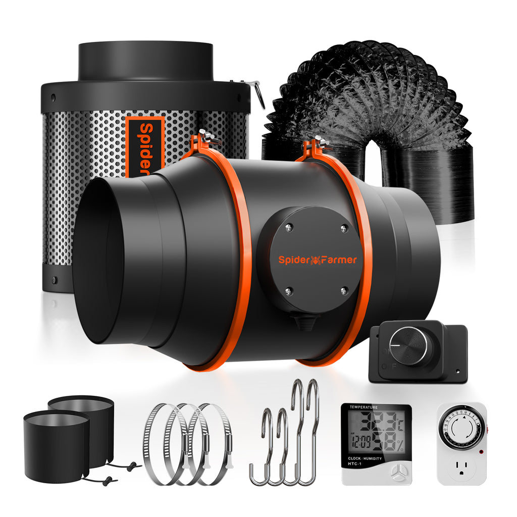 2025 Spider Farmer GGS AC5 Steckdosenleisten-Sets mit Next-Gen 6" Clip-Lüfter & 4" Inline-Lüfter (mit RJ12-Anschluss), Lüftungskanälen und Kohlefilter-Sets (Leuchte nicht enthalten)