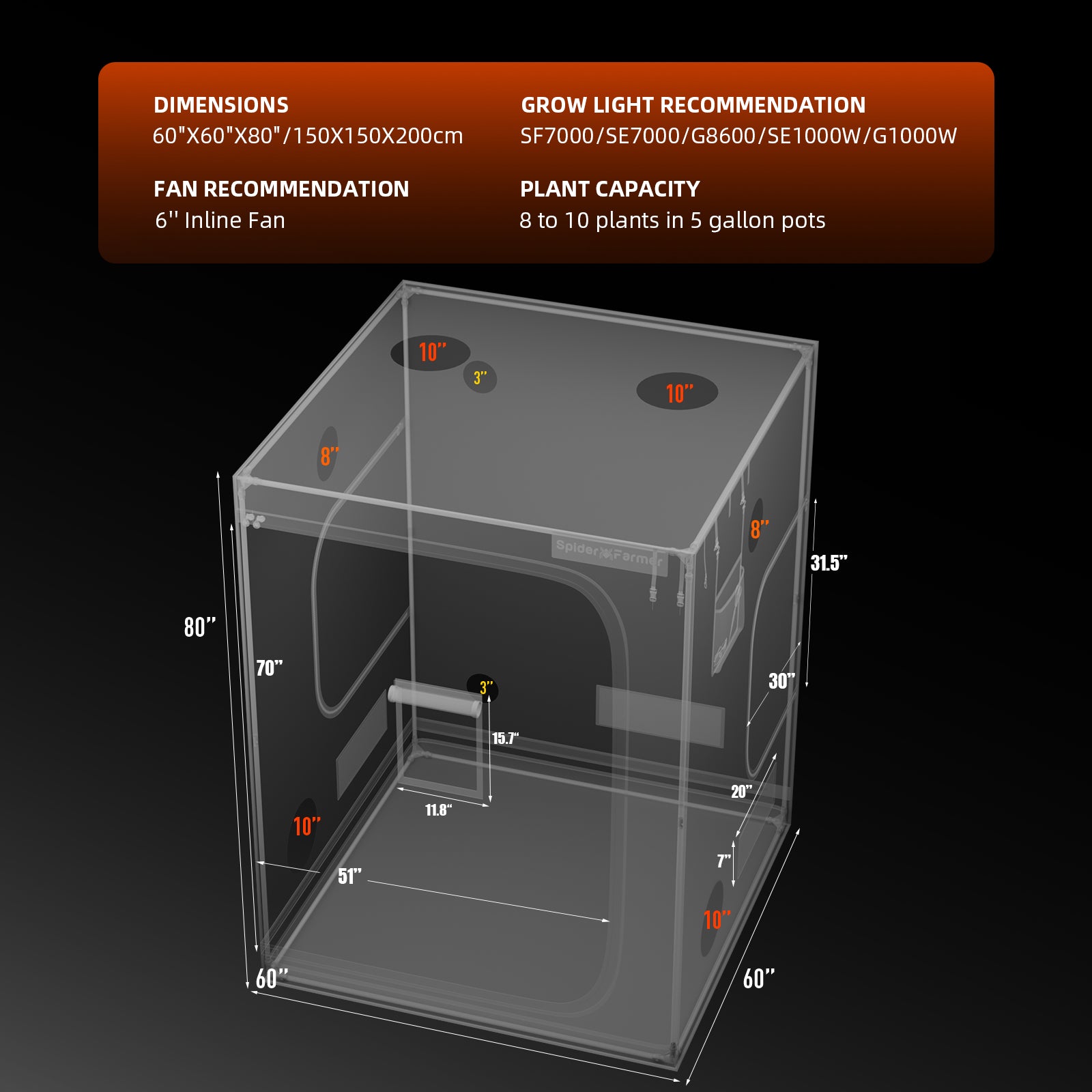 Verbessertes Spider Farmer 150x150x200cm Indoor-Growzelt, lichtdicht, grüne Box 1680D, Hydroponik-Pflanzenraum für optimales Pflanzenwachstum und Klimakontrolle