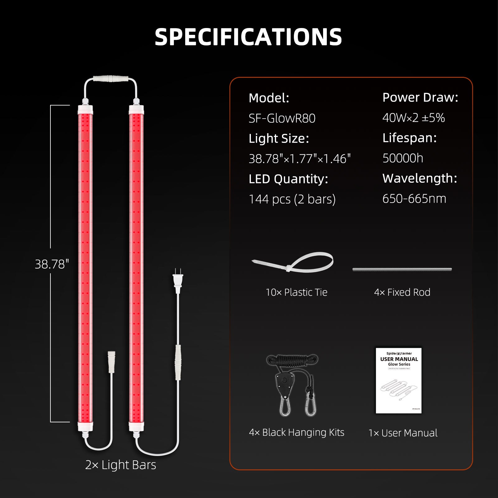 Spider Farmer® GlowR40 40W Tiefrotes Spektrum 660nm LED-Zusatzlicht für Zimmerpflanzen, Hängende Stecker-Pflanzenlampe für Hydrokultur-Gewächshauspflanzen, Sämlinge und Gemüse