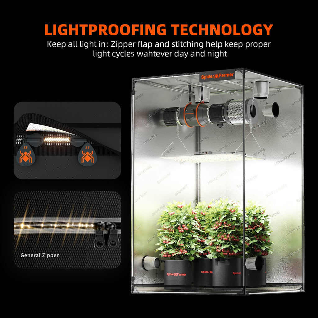 2025 Neueste Version Spider Farmer® 70x70x160cm Komplettes Grow Box-Set丨SF1000 Samsung 301H EVO Vollspektrum-LED丨6" Clip-Ventilator丨4" Grow Ventilator-System mit Drehknopfsteuerung