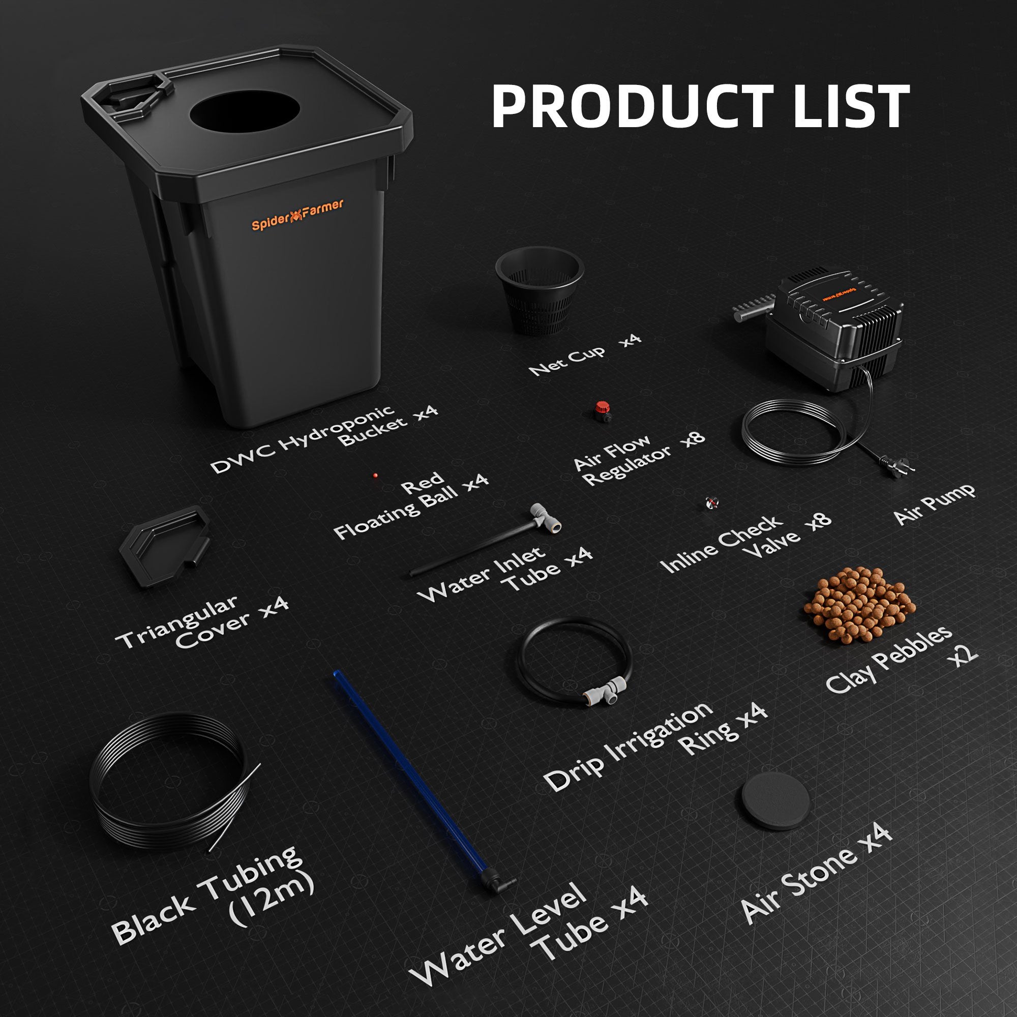Spider Farmer DWC Hydroponik-System mit Top-Drip-Kit, 7-Gallonen-Tiefwasserkultur-System, 4-Eimer-Set und GGS AC10-Steckdosenleiste für intelligente Bewässerungssteuerung vor.