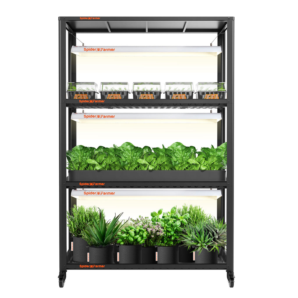 2025 Spider Farmer® SF600 Growshelves Indoor LED-Pflanzenlampe und Metall-Pflanzenständer mit Pflanzschalen