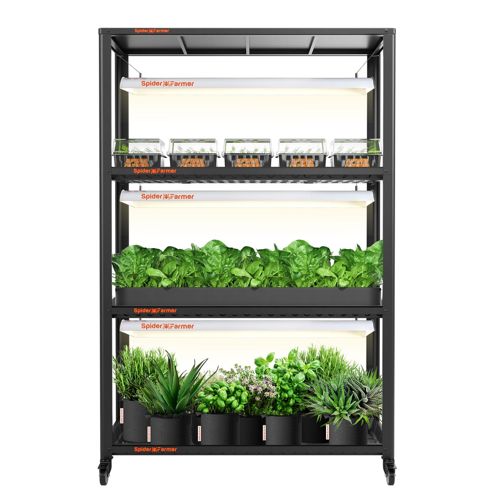 2025 Spider Farmer® SF600 Growshelves Indoor LED-Pflanzenlampe und Metall-Pflanzenständer mit Pflanzschalen