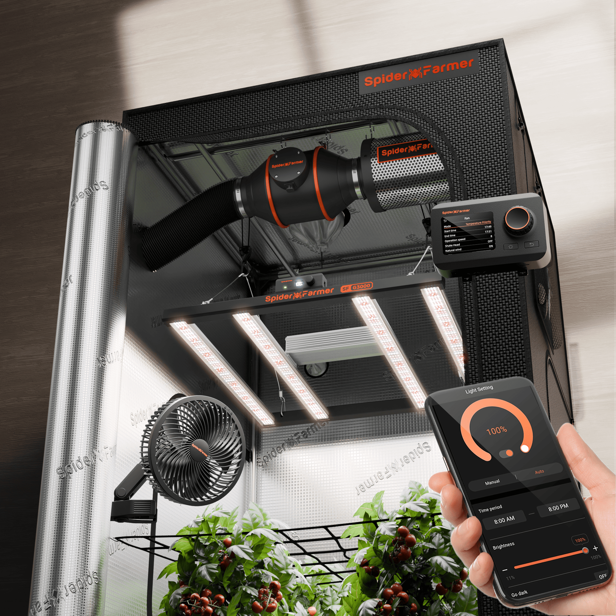 Spider Farmer® 90x90cm Komplettes Growzelt-Set (neueste Version 2025) | G3000 WLAN- und Bluetooth-App-gesteuerte LED-Pflanzenlampe | 15 cm Clip-Ventilator | 10 cm Belüftungssystem mit GGS-Controller