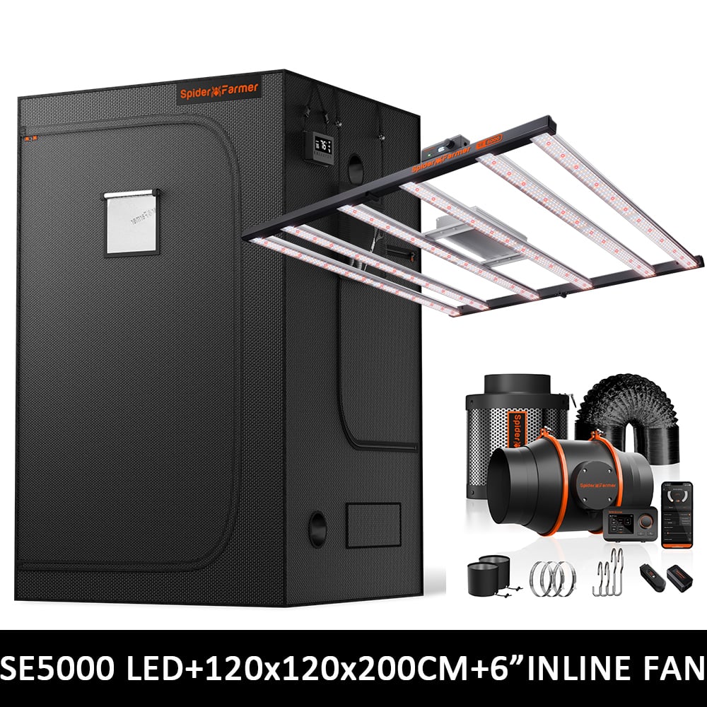 Spider Farmer 120x120x200cm Komplettes Growzelt-Set | SE5000 EVO 480W LED-Growlampe | Neues 6"-Belüftungssystem mit GGS-Controller