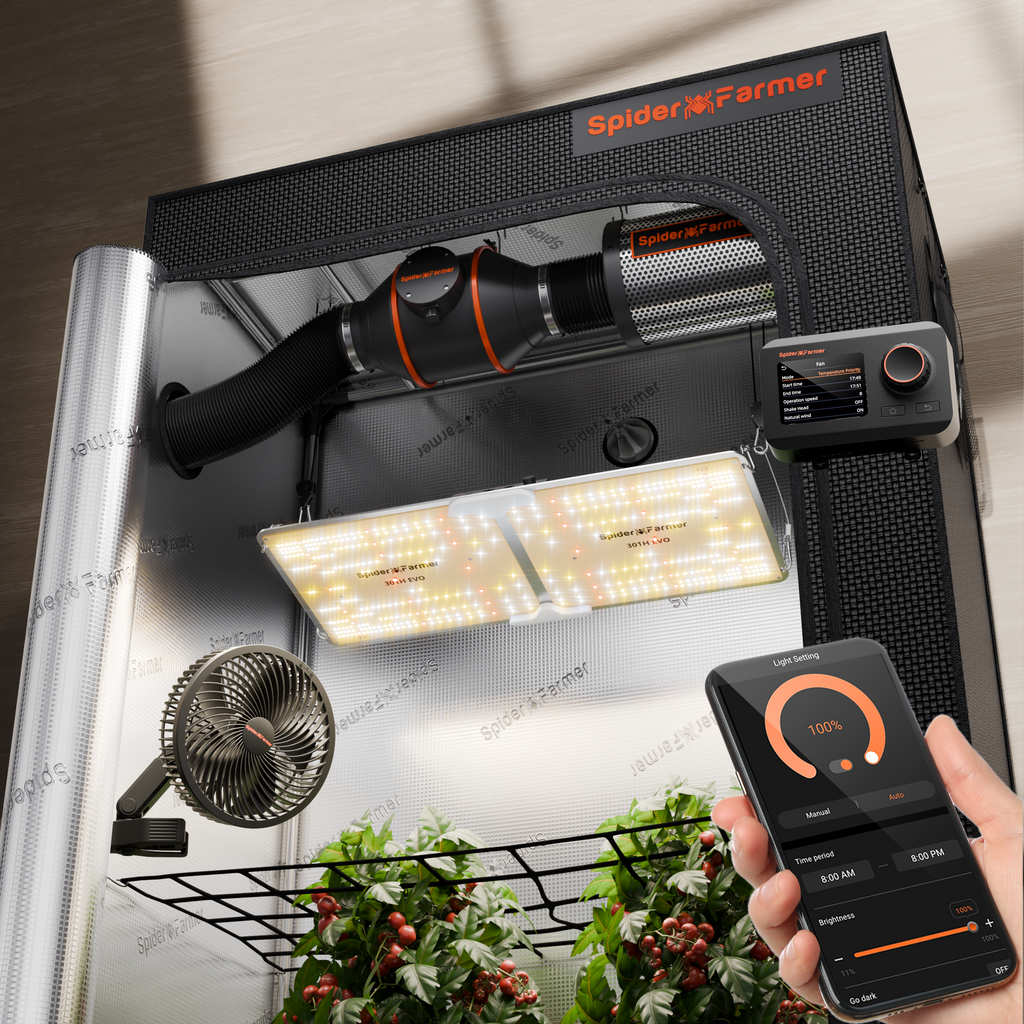 Spider Farmer® Komplettes Growzelt-Set (120 x 60 x 180 cm) – Neueste Version 2025 | SF2000 301H EVO Vollspektrum-LED-Pflanzenlampe | 15 cm Clip-Ventilator | 10 cm Belüftungssystem mit GGS-App-Steuerung