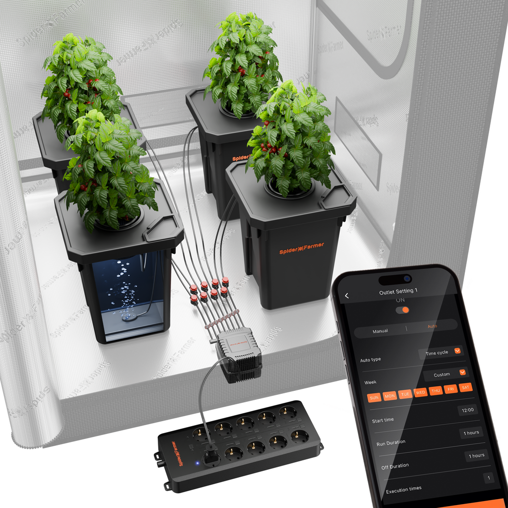 Spider Farmer DWC Hydroponik-System mit Top-Drip-Kit, 7-Gallonen-Tiefwasserkultur-System, 4-Eimer-Set und GGS AC10-Steckdosenleiste für intelligente Bewässerungssteuerung vor.