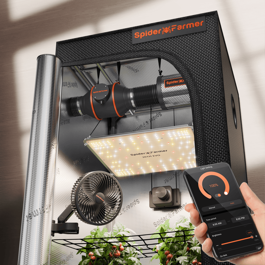 2025 Neueste Version Spider Farmer® 70x70x160cm Komplettes Grow Box-Set丨SF1000 Samsung 301H EVO Vollspektrum-LED丨6" Clip-Ventilator丨4" Grow Ventilator-System mit Drehknopfsteuerung