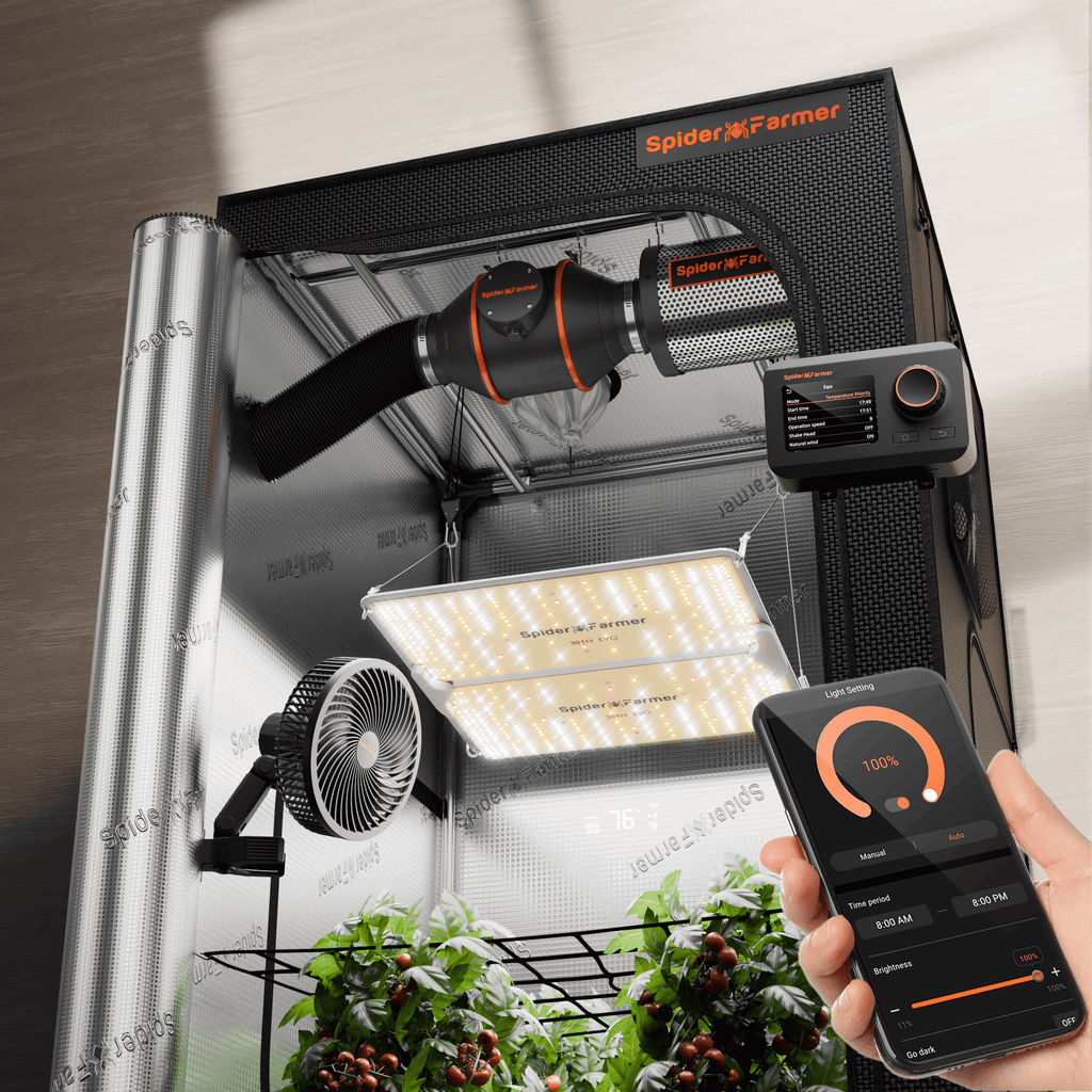 Spider Farmer® 90 x 90 x 180 cm Komplettes Growzelt-Set (Neue Version 2025) | SF2000PRO EVO 200 W Vollspektrum-LED-Pflanzenlampe | 4-Zoll-Belüftungssystem mit Feuchtigkeits- und App-Steuerung | 6-Zoll-Clip-Ventilator