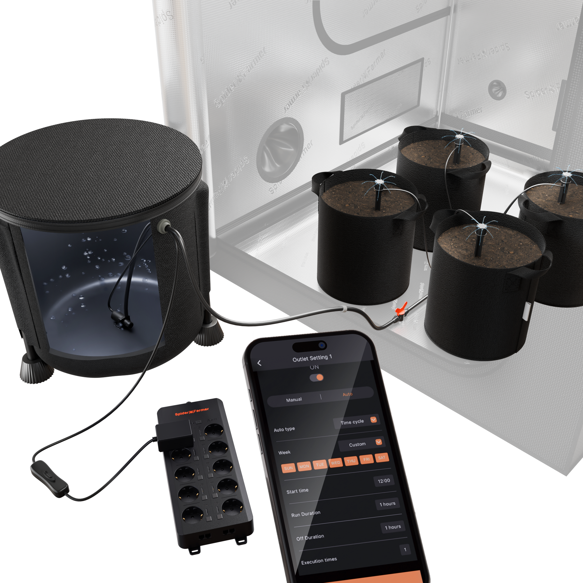 Spider Farmer Tropfbewässerungssystem für Pflanzen vor – inklusive Wasserpumpe, 8 Tropfemittern und GGS AC10 Steckdosenleiste für intelligente Bewässerungssteuerung.