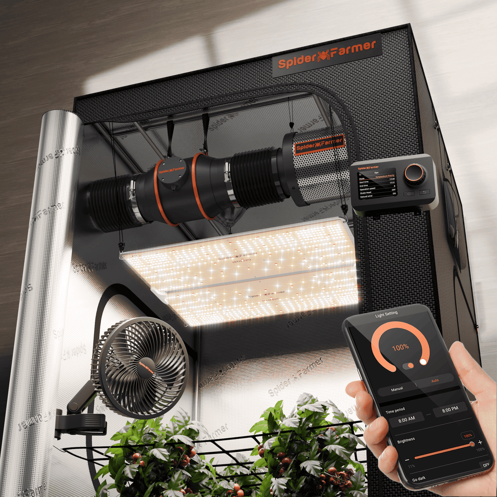 Vorbestellung | Neuestes Spider Farmer® 120x120x200cm Komplettes Growzelt-Set (2025) | SF4000 301H EVO Vollspektrum-LED-Pflanzenlampe | 15 cm Clip-Ventilator | 15 cm Belüftungssystem mit Drehzahlregler
