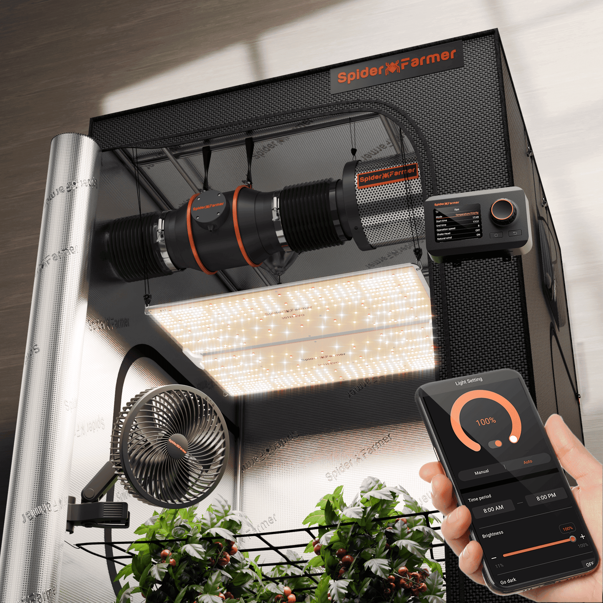 Vorbestellung | Neuestes Spider Farmer® 120x120x200cm Komplettes Growzelt-Set (2025) | SF4000 301H EVO Vollspektrum-LED-Pflanzenlampe | 15 cm Clip-Ventilator | 15 cm Belüftungssystem mit Drehzahlregler