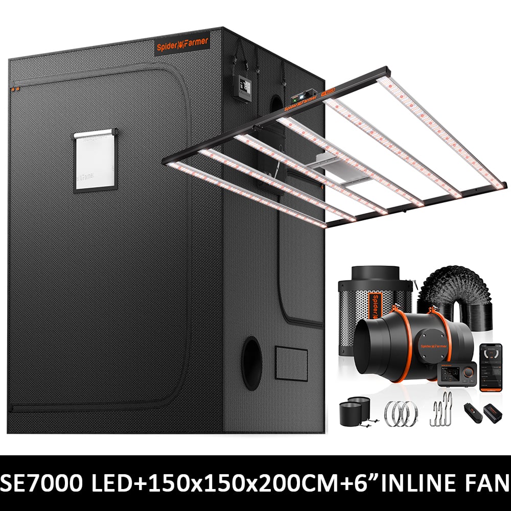 Spider Farmer 150x150cm Komplettes Growzelt-Set | SE7000 730W LED-Growlampe | Neuer 6″ Inline-Ventilator mit GGS-Controller | Growbox Komplettset