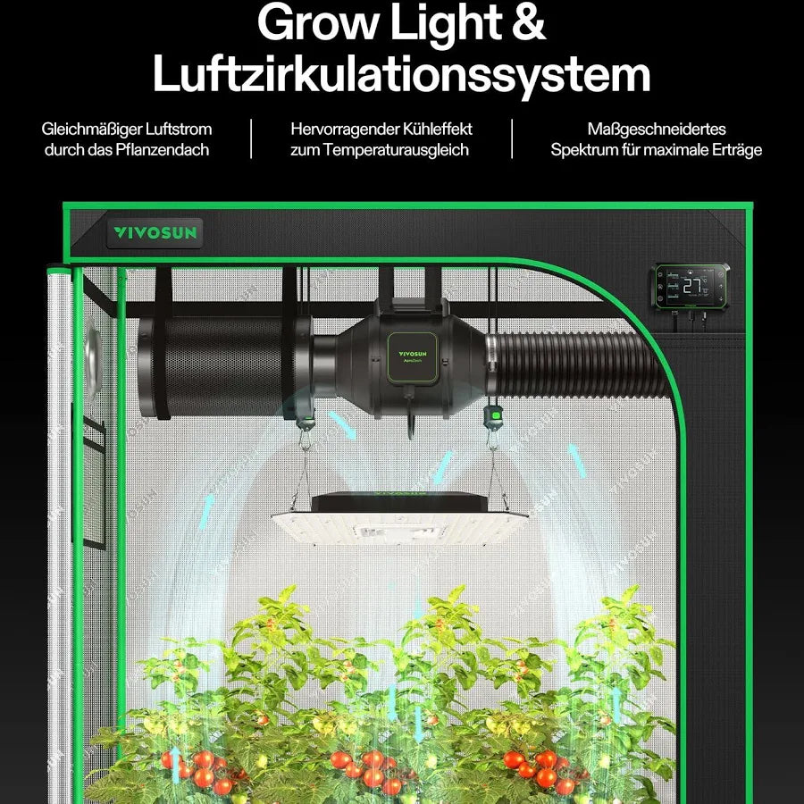 Vivosun  Growbox Komplettset GIY-27 80x80x160cm,  für 2 Pflanzen, mit 100W VS1000 LED Pflanzenlampe, 10 cm Belüftungskombination