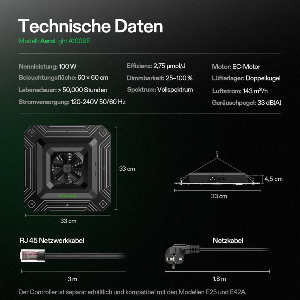Vivosun AeroLight A100SE Vollspektrum LED Pflanzenlampe 100W, mit Integriertem Zirkulationsventilator, Kompatibel mit App, 60 x 60 cm Abdeckfläche