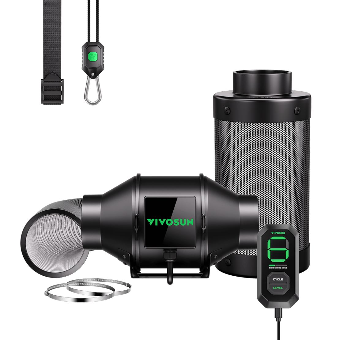 Vivosun Smartes Abluftset 15 cm, AeroZesh T6 Rohrventilator mit E12 Geschwindigkeitsregler, Kohlefilter & Rohrkombination