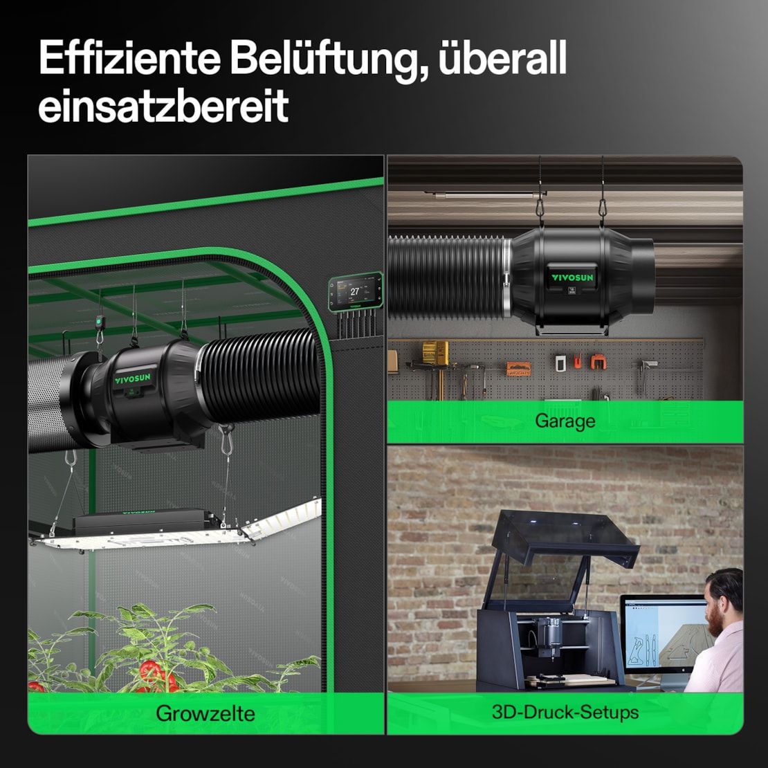 Vivosun Smart Abluftset Pro 10cm, AeroZesh T4 Rohrventilator mit E42A Temp. Luftfeuchtigkeit WLAN-Controller, Kohlefilter & Luftkanal