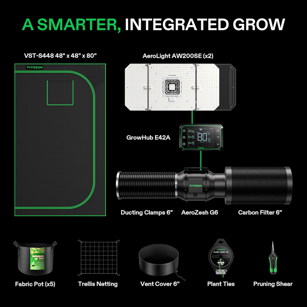 Vivosun Smart Growbox Komplettset GIY-SGS-44 120 x 120 x 200 cm,  für 4 Pflanzen, mit WiFi E42A Controller, 2 x 200W AeroLight Wing SE LED Pflanzenlampe und 15 cm AeroZesh G6 Abluftset