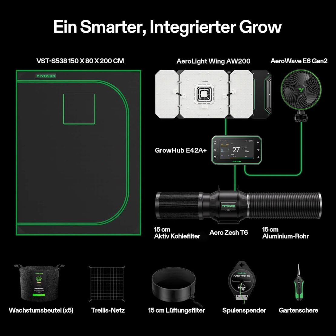 Vivosun Smart Growbox Komplettset GIY-SGS-52 150 x 80 x 200 cm,  für 3 Pflanzen, mit WiFi E42A Controller, 200W AeroLight Wing LED Pflanzenlampe, 15 cm AeroZesh T6 Abluftset und AeroWave E6 Gen2 Gen2 Clip Fan