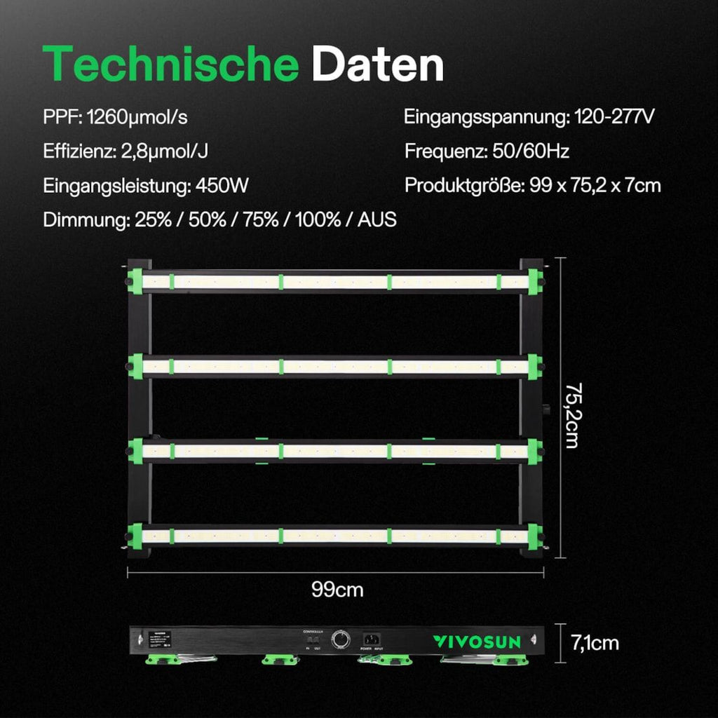 Vivosun VSFL4300 Vollspektrum LED Pflanzenlampe Lichtbalken 430W, faltbares Design mit 6 Dimmoptionen, 120 x 120 cm Abdeckfläche