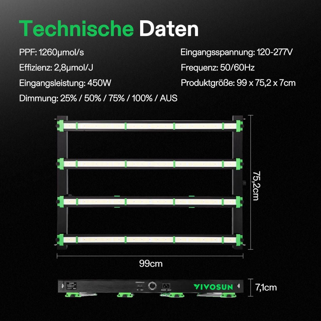 Vivosun VSFL4300 Vollspektrum LED Pflanzenlampe Lichtbalken 430W, faltbares Design mit 6 Dimmoptionen, 120 x 120 cm Abdeckfläche