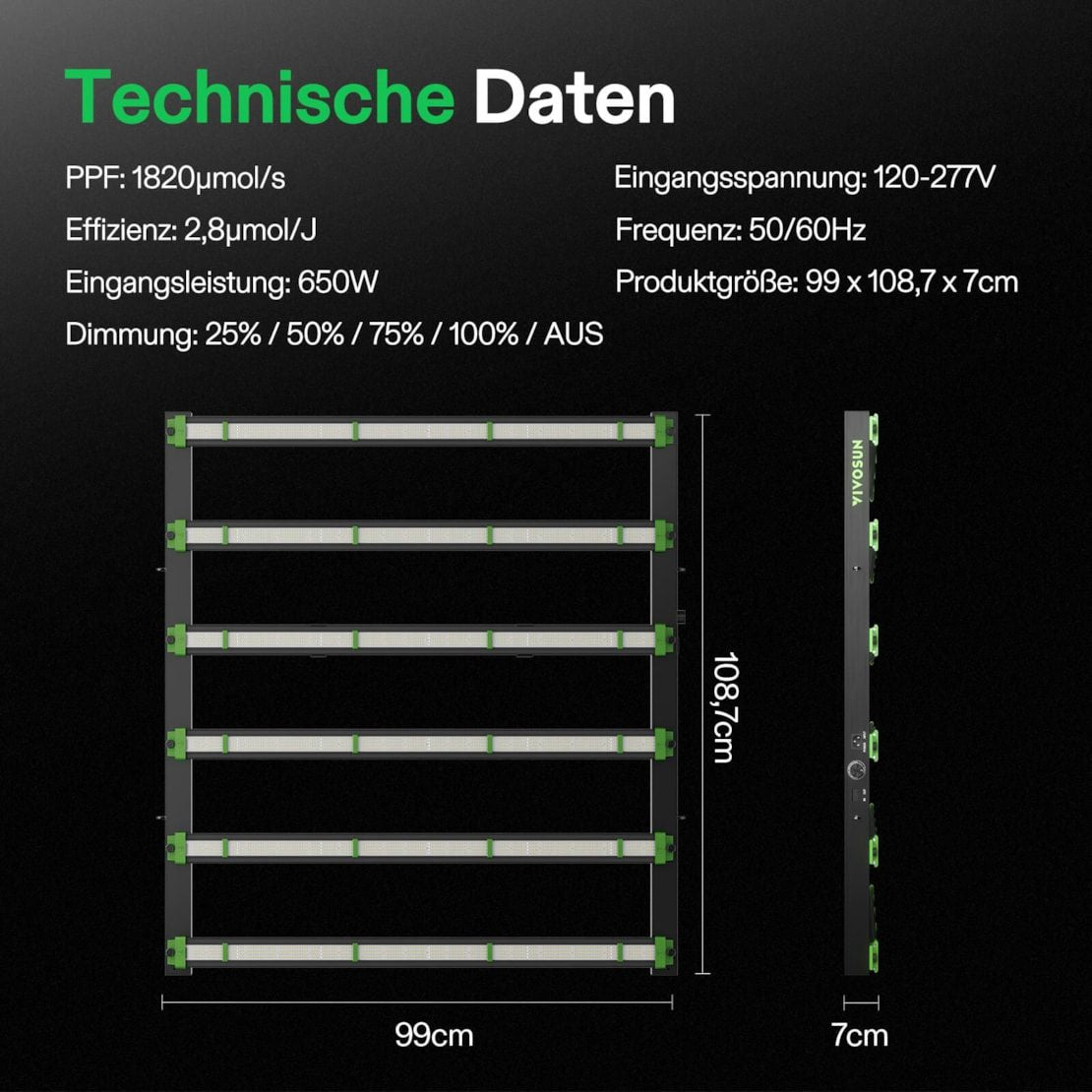 Vivosun VSFL6450 Vollspektrum LED Pflanzenlampe Lichtbalken 645W, faltbares Design mit 6 Dimmoptionen, 150 x 150 cm Abdeckfläche